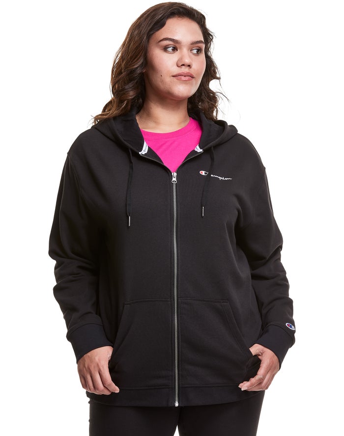 Champion Womens Hoodie NZ - Plus Campus French Terry Zip Embroidered Logo Black ( 3168-JVNXY )